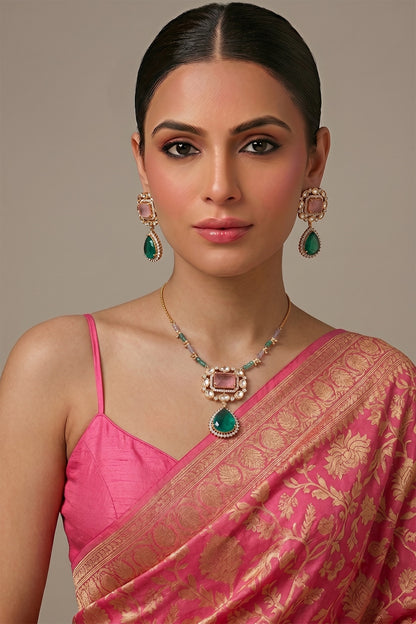 Gold Finish Kundan Polki & Green Stone Pendant Necklace Set