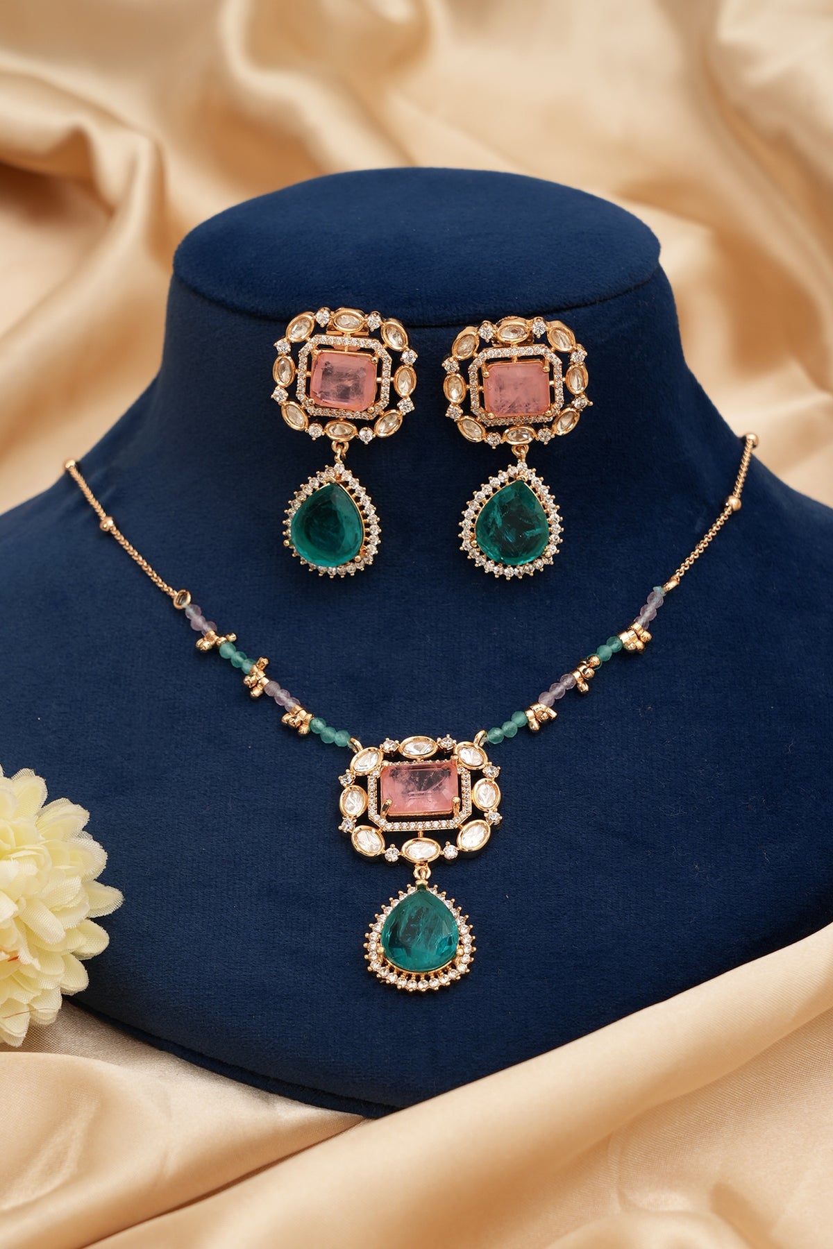 Gold Finish Kundan Polki & Green Stone Pendant Necklace Set