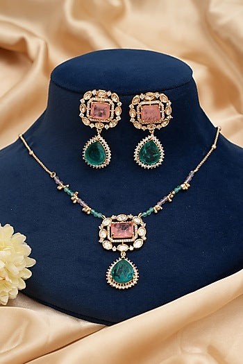 Gold Finish Kundan Polki & Green Stone Pendant Necklace Set