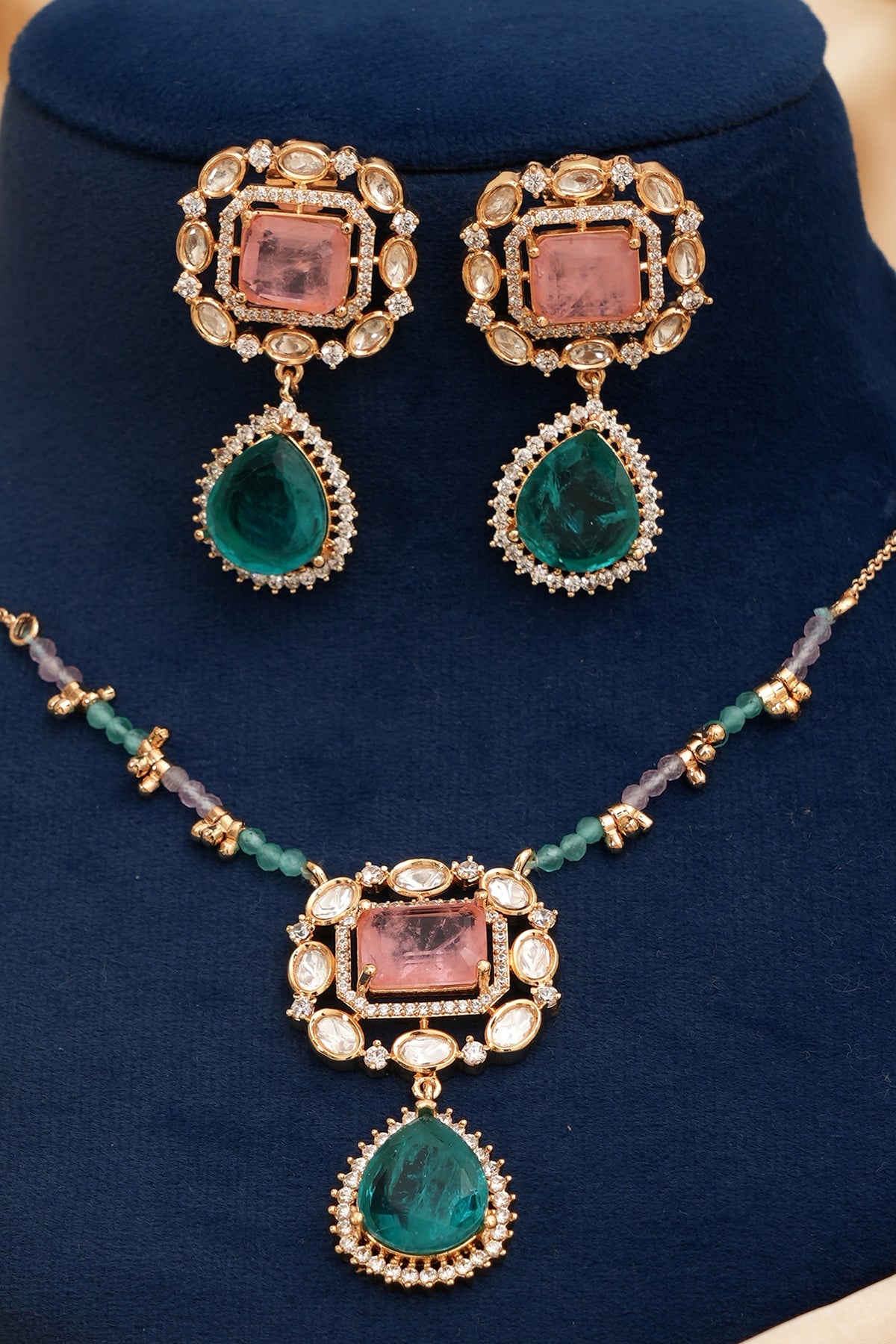 Gold Finish Kundan Polki & Green Stone Pendant Necklace Set