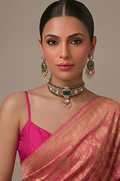 Gold Finish Kundan Polki & Emerald Stone Choker Necklace Set