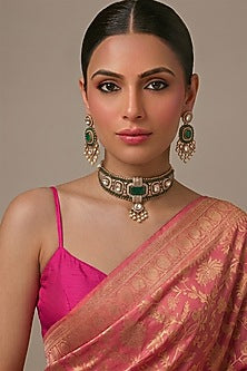 Gold Finish Kundan Polki & Emerald Stone Choker Necklace Set