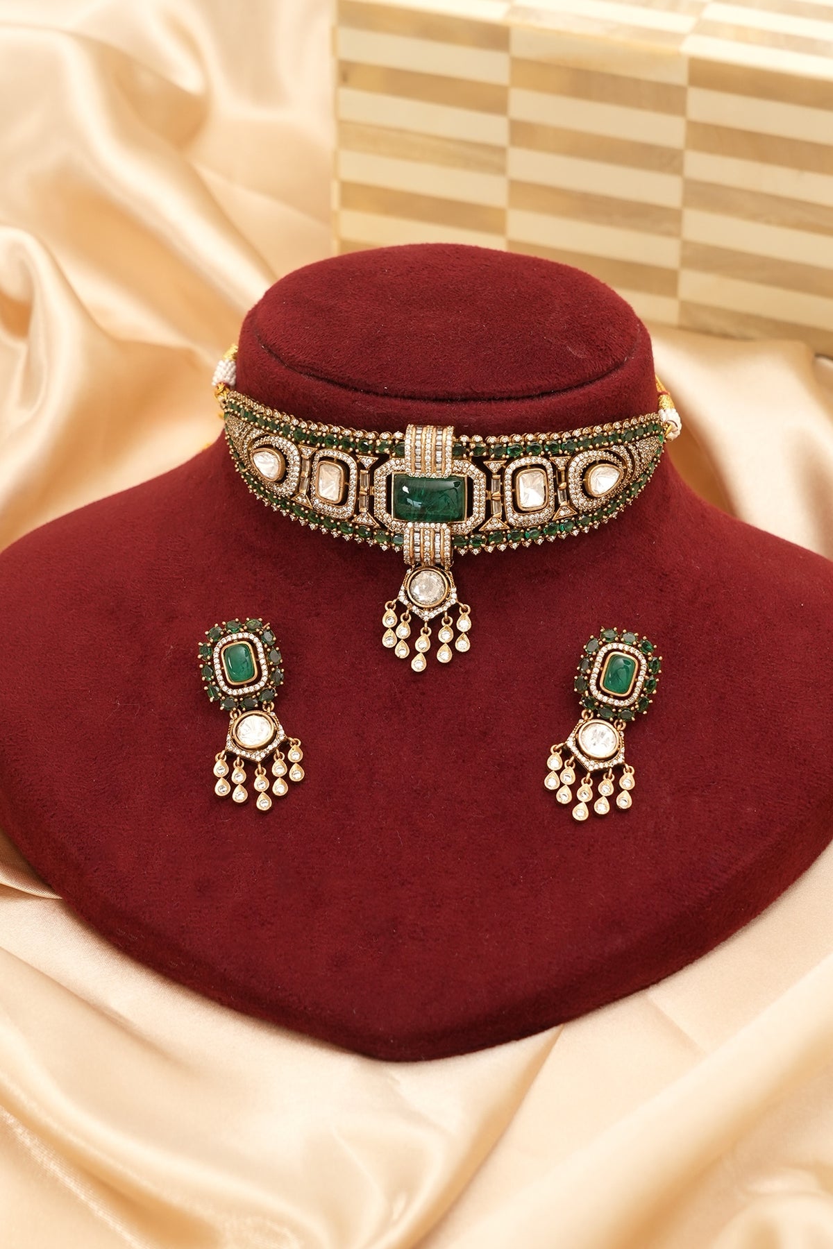 Gold Finish Kundan Polki & Emerald Stone Choker Necklace Set
