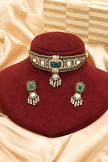 Gold Finish Kundan Polki & Emerald Stone Choker Necklace Set
