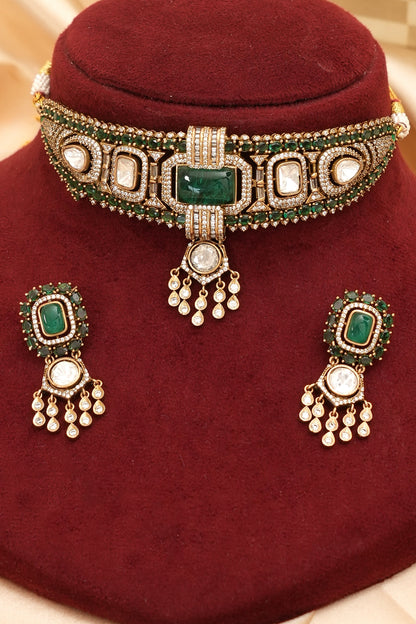 Gold Finish Kundan Polki & Emerald Stone Choker Necklace Set
