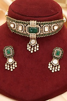 Gold Finish Kundan Polki & Emerald Stone Choker Necklace Set