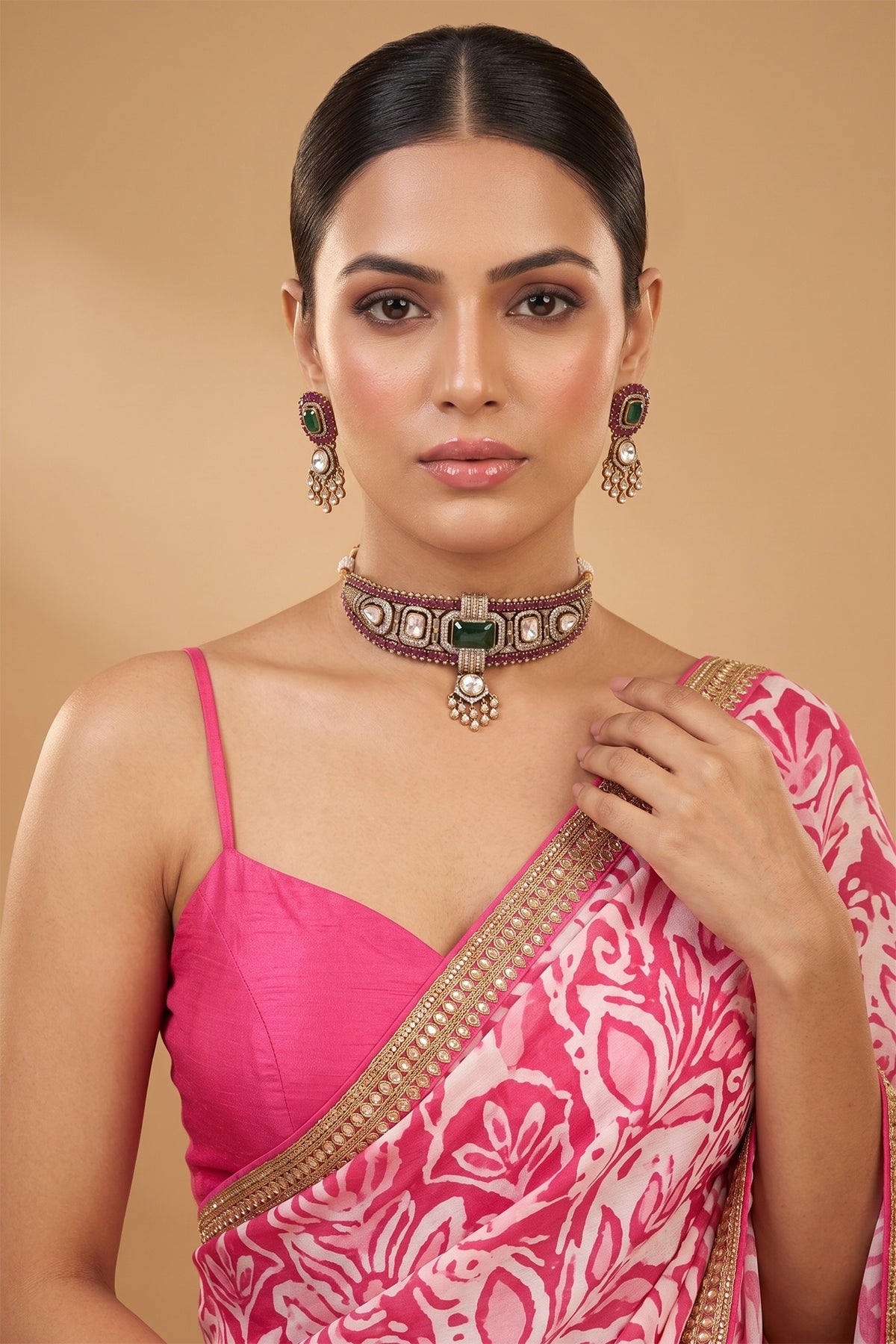 Gold Finish Kundan Polki & Emerald Stone Choker Necklace Set