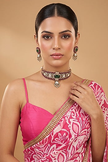 Gold Finish Kundan Polki & Emerald Stone Choker Necklace Set