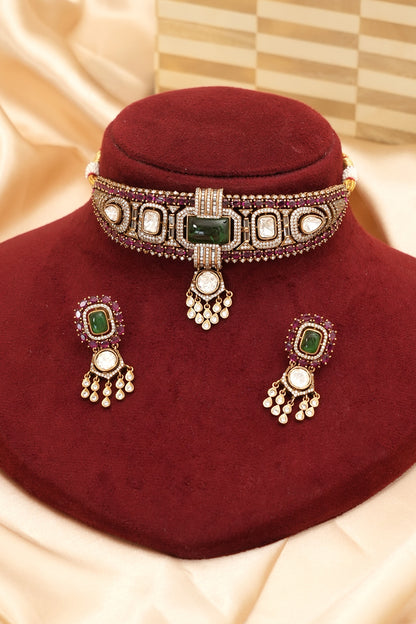 Gold Finish Kundan Polki & Emerald Stone Choker Necklace Set