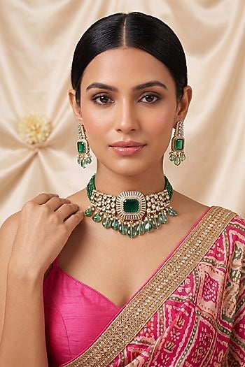 Gold Finish Kundan Polki & Emerald Stone Choker Necklace Set