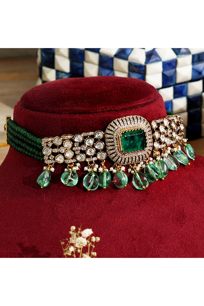 Gold Finish Kundan Polki & Emerald Stone Choker Necklace Set