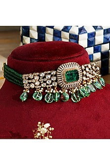 Gold Finish Kundan Polki & Emerald Stone Choker Necklace Set