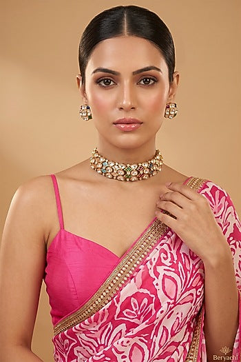 Gold Finish Kundan Polki & Multi-Colored Stone Choker Necklace Set