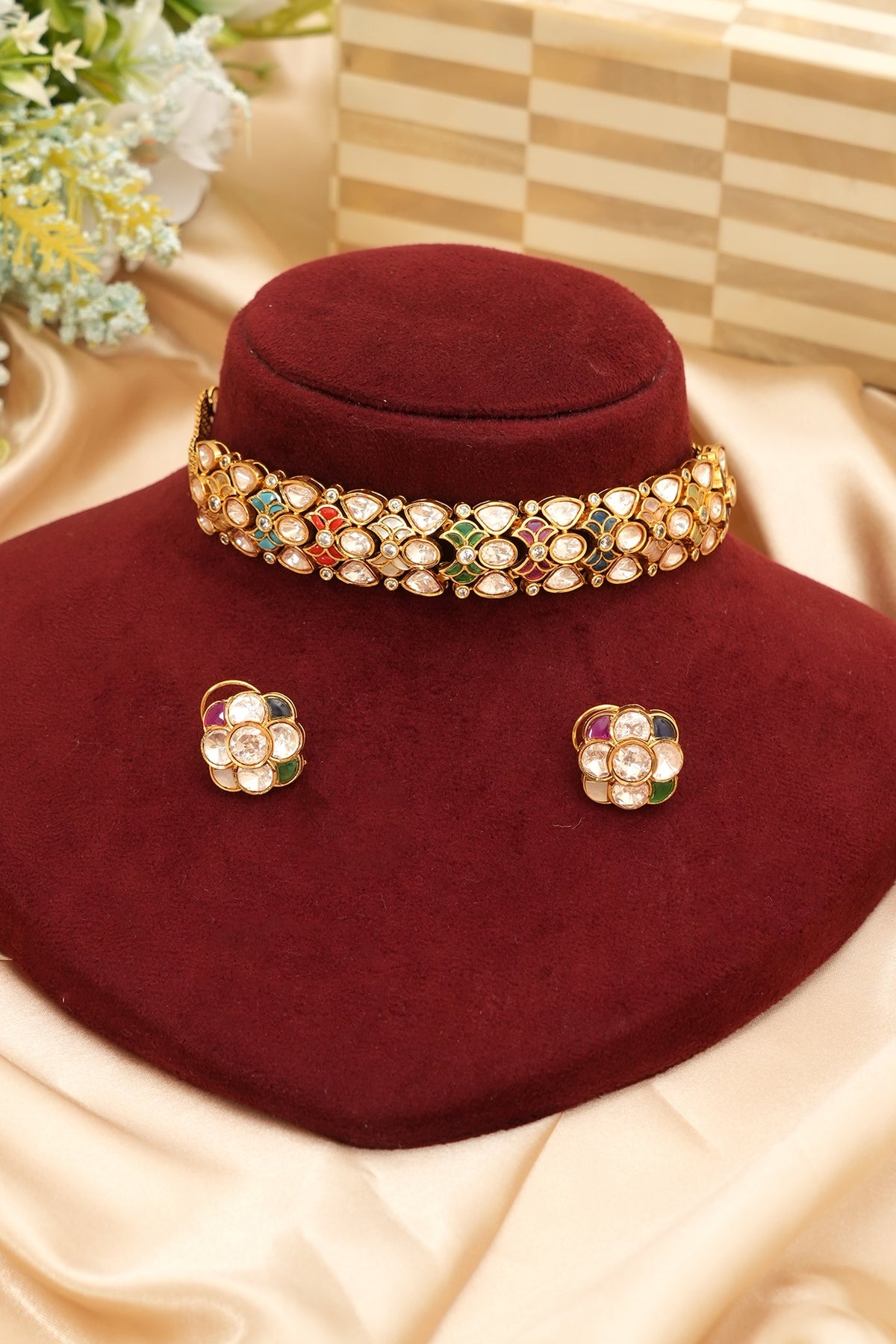 Gold Finish Kundan Polki & Multi-Colored Stone Choker Necklace Set