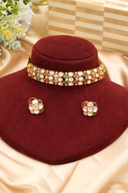 Gold Finish Kundan Polki & Multi-Colored Stone Choker Necklace Set