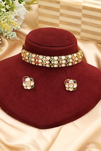 Gold Finish Kundan Polki & Multi-Colored Stone Choker Necklace Set