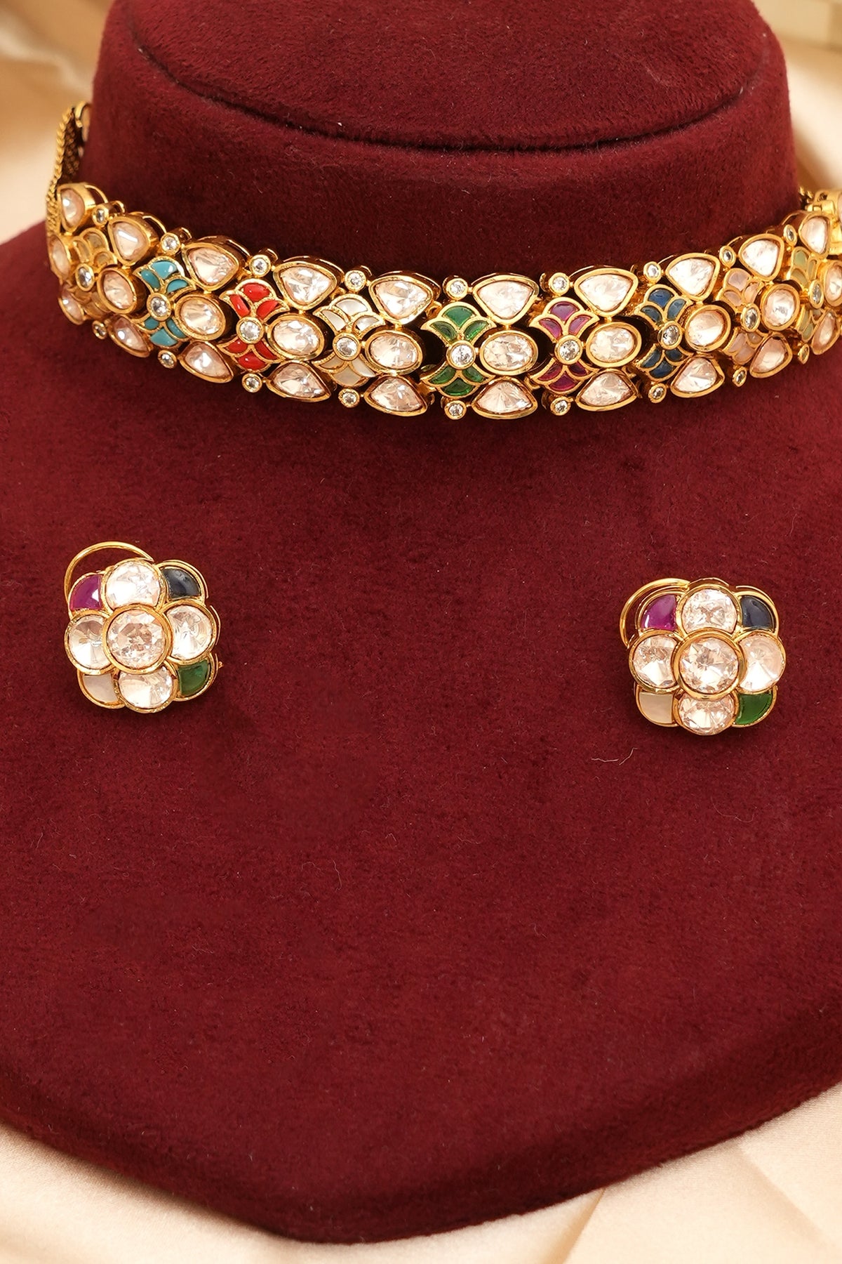 Gold Finish Kundan Polki & Multi-Colored Stone Choker Necklace Set