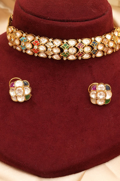 Gold Finish Kundan Polki & Multi-Colored Stone Choker Necklace Set