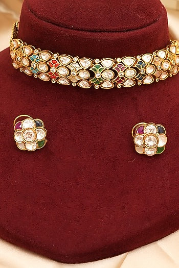 Gold Finish Kundan Polki & Multi-Colored Stone Choker Necklace Set