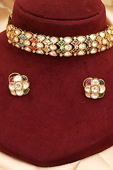 Gold Finish Kundan Polki & Multi-Colored Stone Choker Necklace Set