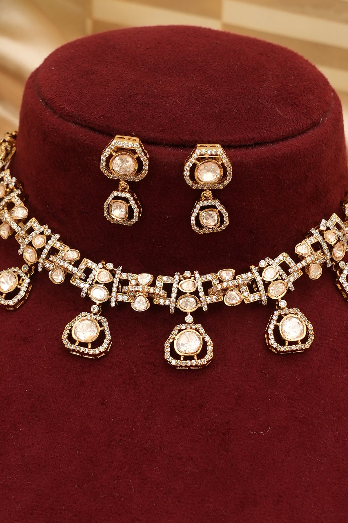 Gold Finish Kundan Polki Necklace Set