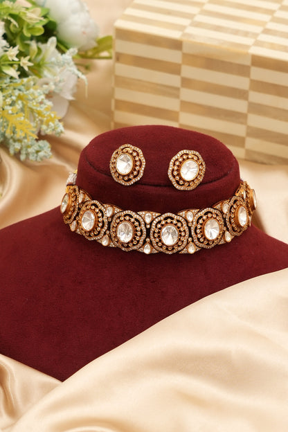 Gold Finish Kundan Polki Choker Necklace Set