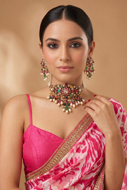 Gold Finish Kundan Polki & Multi-Colored Stone Choker Necklace Set