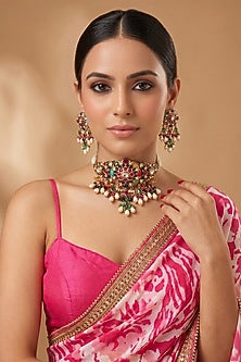 Gold Finish Kundan Polki & Multi-Colored Stone Choker Necklace Set