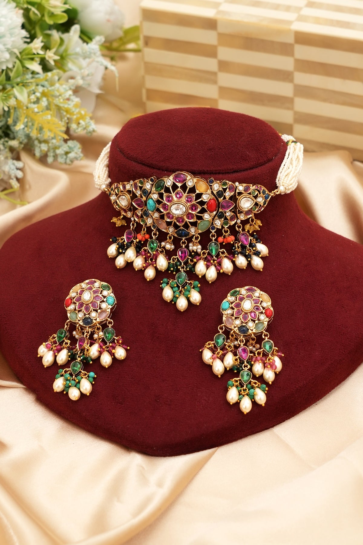 Gold Finish Kundan Polki & Multi-Colored Stone Choker Necklace Set