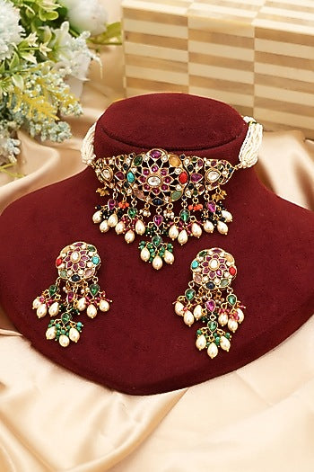 Gold Finish Kundan Polki & Multi-Colored Stone Choker Necklace Set