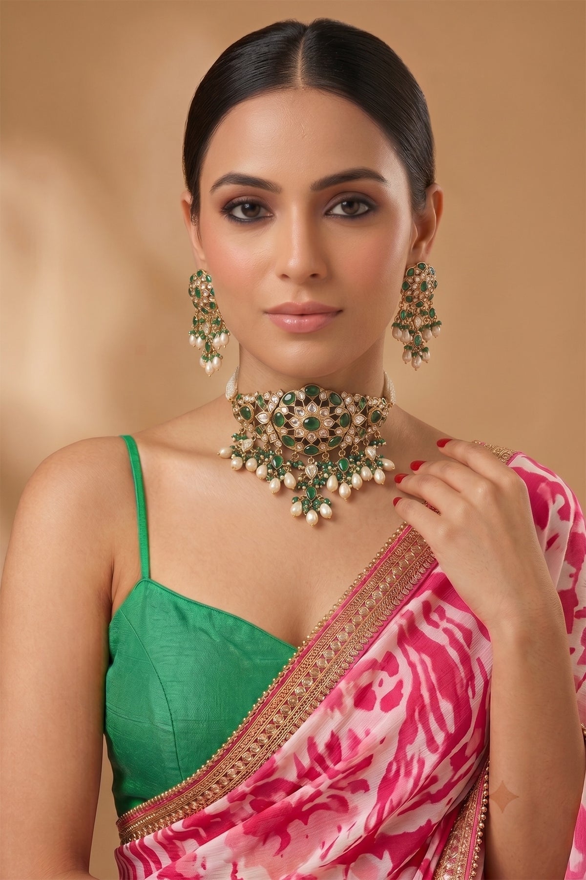 Gold Finish Kundan Polki & Green Stone Choker Necklace Set