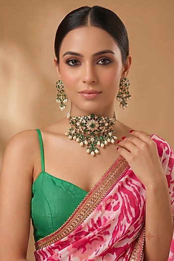 Gold Finish Kundan Polki & Green Stone Choker Necklace Set