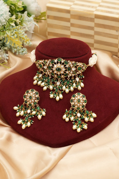 Gold Finish Kundan Polki & Green Stone Choker Necklace Set