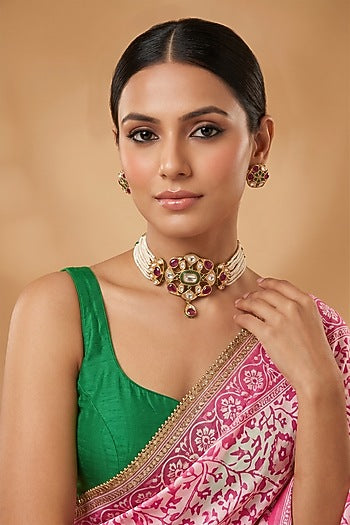 Gold Finish Kundan Polki & Green Stone Choker Necklace Set