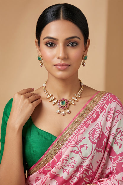 Gold Finish Pink & Green Stone Necklace Set