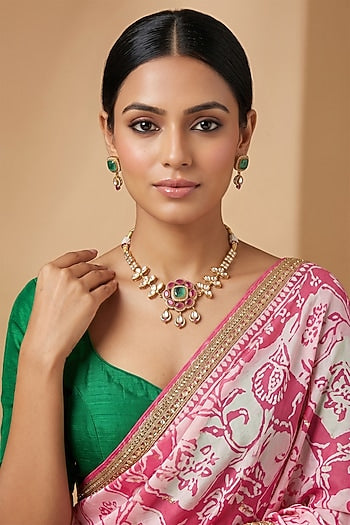 Gold Finish Pink & Green Stone Necklace Set