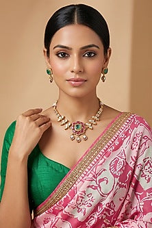 Gold Finish Pink & Green Stone Necklace Set
