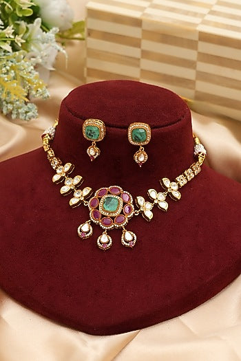 Gold Finish Pink & Green Stone Necklace Set