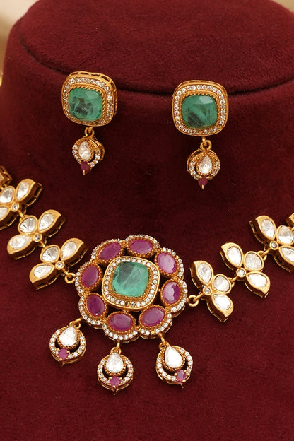 Gold Finish Pink & Green Stone Necklace Set