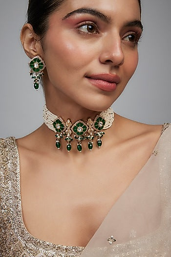Gold Finish Kundan Polki & Pearl Choker Necklace