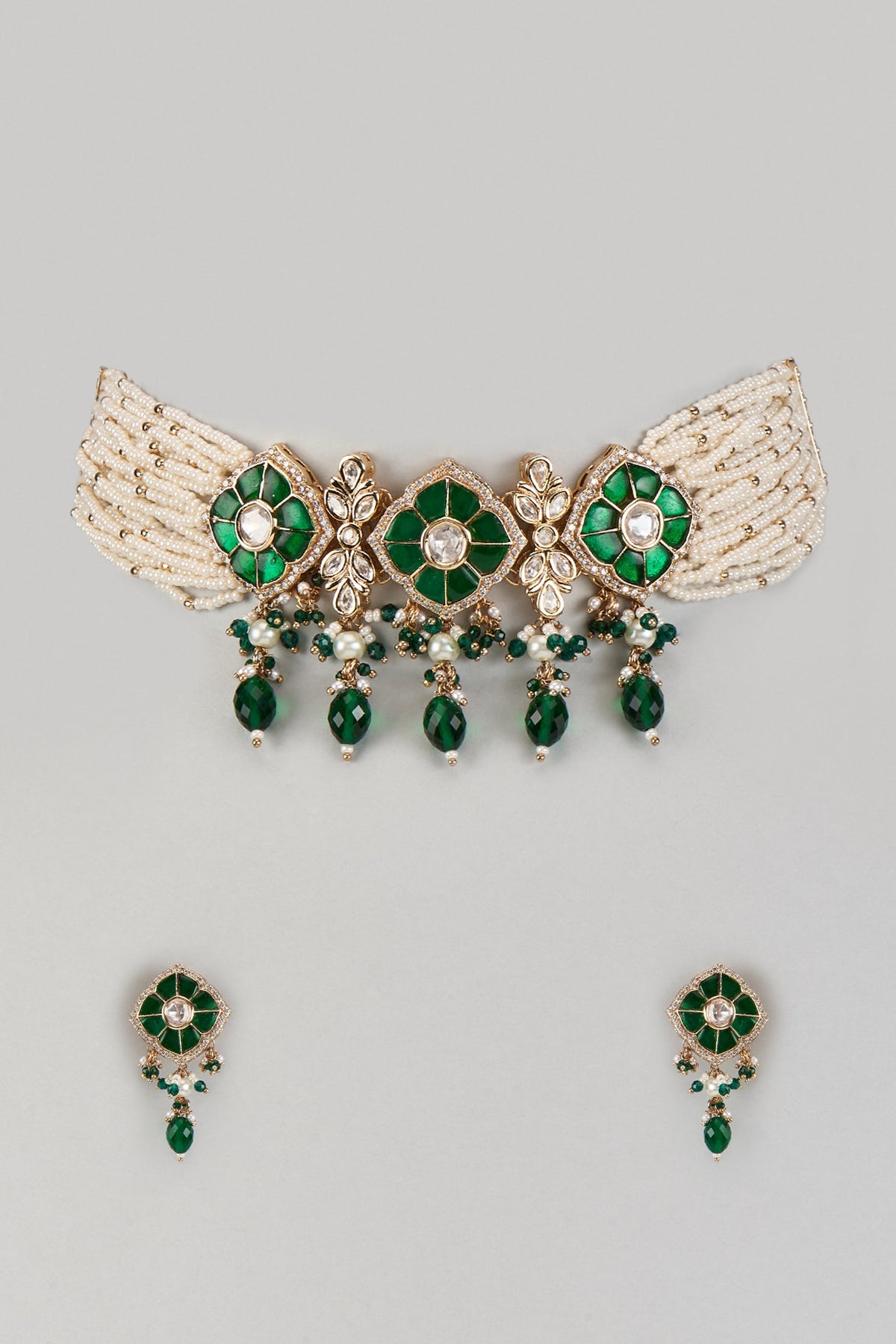 Gold Finish Kundan Polki & Pearl Choker Necklace