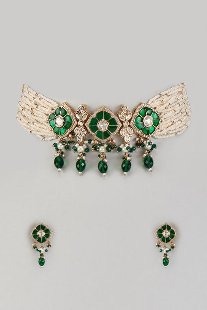 Gold Finish Kundan Polki & Pearl Choker Necklace