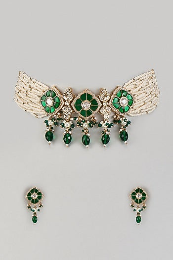 Gold Finish Kundan Polki & Pearl Choker Necklace