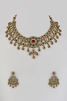 Gold Finish Kundan Polki & Zircon Necklace Set