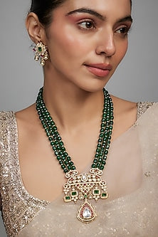 Gold Finish Kundan Polki & Emerald Green Beaded Long Necklace Set