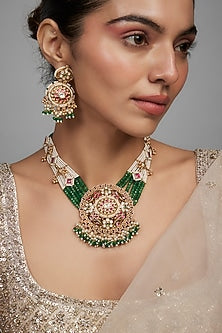 Gold Finish Kundan Polki & Pearl Necklace Set