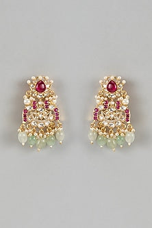 Gold Finish Kundan Polki & Pearl Drop Chandbali Earrings