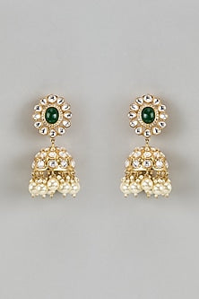 Gold Finish Kundan Polki & Emerald Green Stone Jhumka Earrings