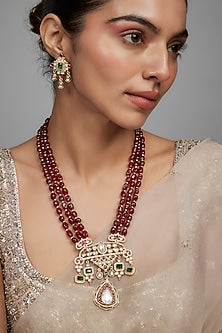 Gold Finish Kundan Polki & Ruby Beaded Long Necklace Set