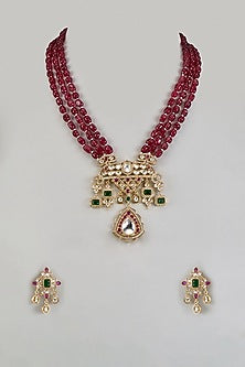 Gold Finish Kundan Polki & Ruby Beaded Long Necklace Set